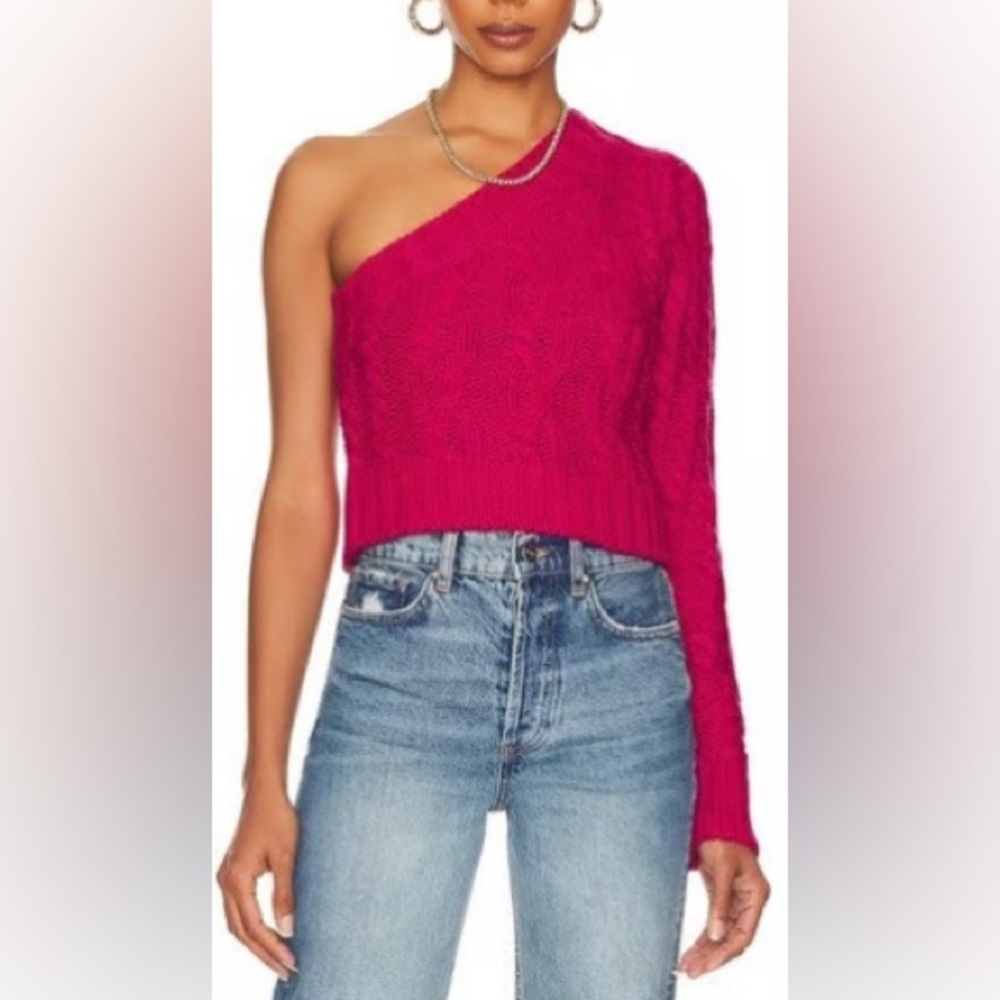 For Love And Lemons One-Shoulder Quinn Pink Cable Knit Sweater